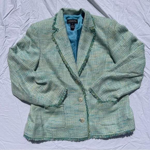 Green Tweed Blazer Jacket Size 16 Easter Spring Blue Old Money - Picture 1 of 9